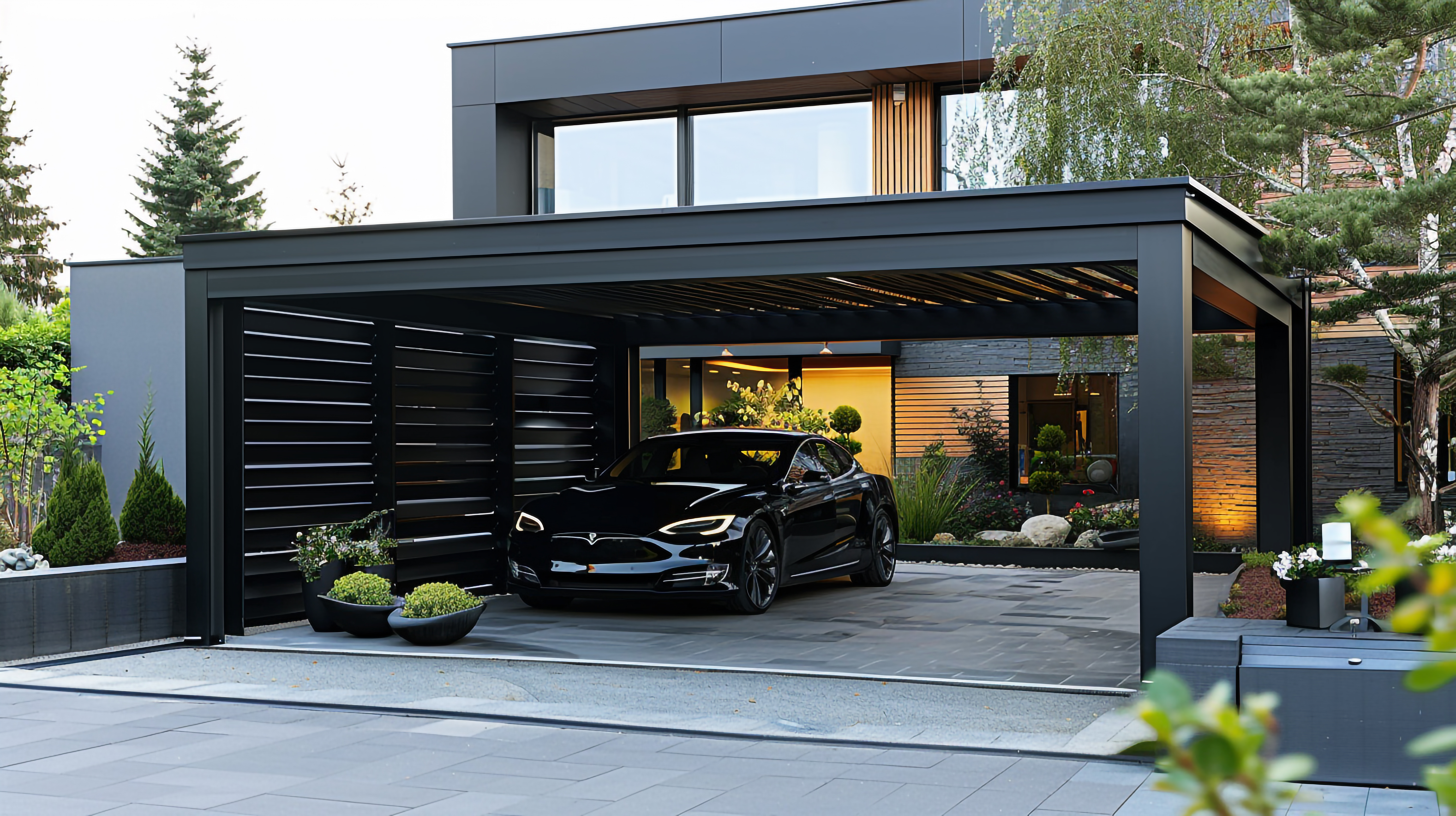 Carport en aluminium anthracite adossé à une maison blanche, sur une dalle en béton